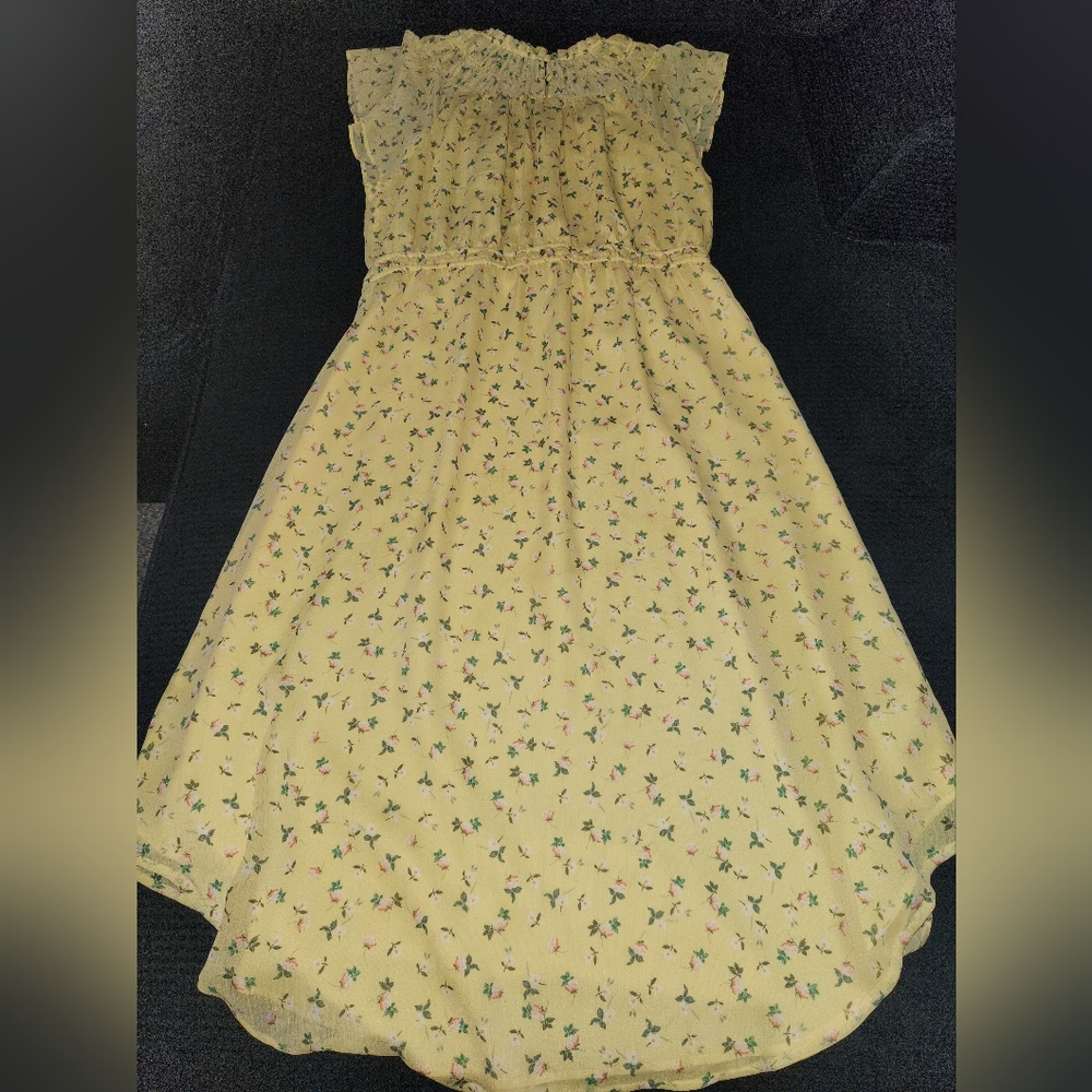 LOFT Butter Yellow Smocked Ditsy Floral Chiffon Lined Midi Dress Largw EUC - Picture 2 of 10